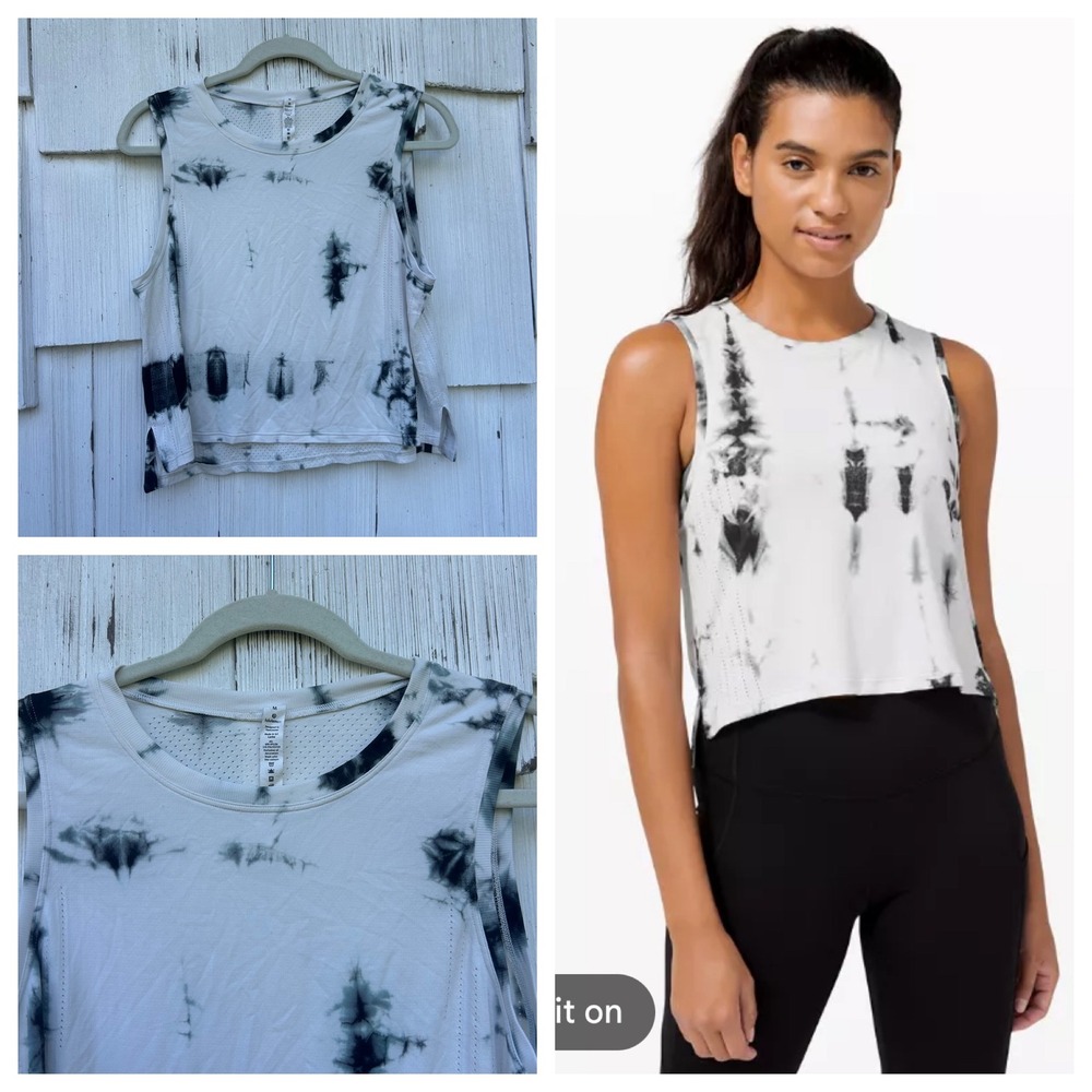 Lululemon Train to Be Tank Shibori White Black Tie Dye Mesh Crop Top Size M